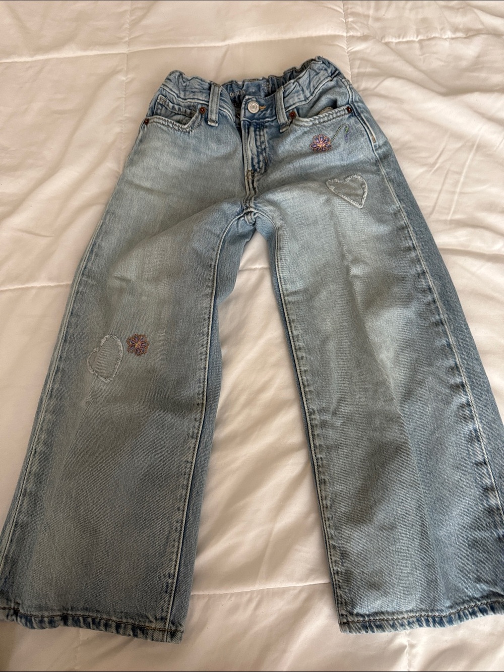 Old Navy Girl’s Light Blue Wide Leg Jeans with Embroidered Hearts